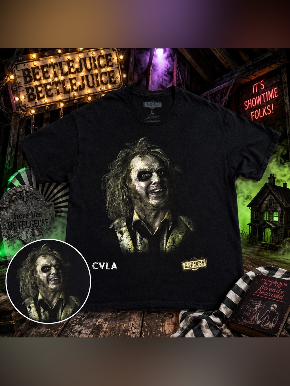 Beetlejuice Graphic Tee Large Black Horror Movie Tim Burton Shirt